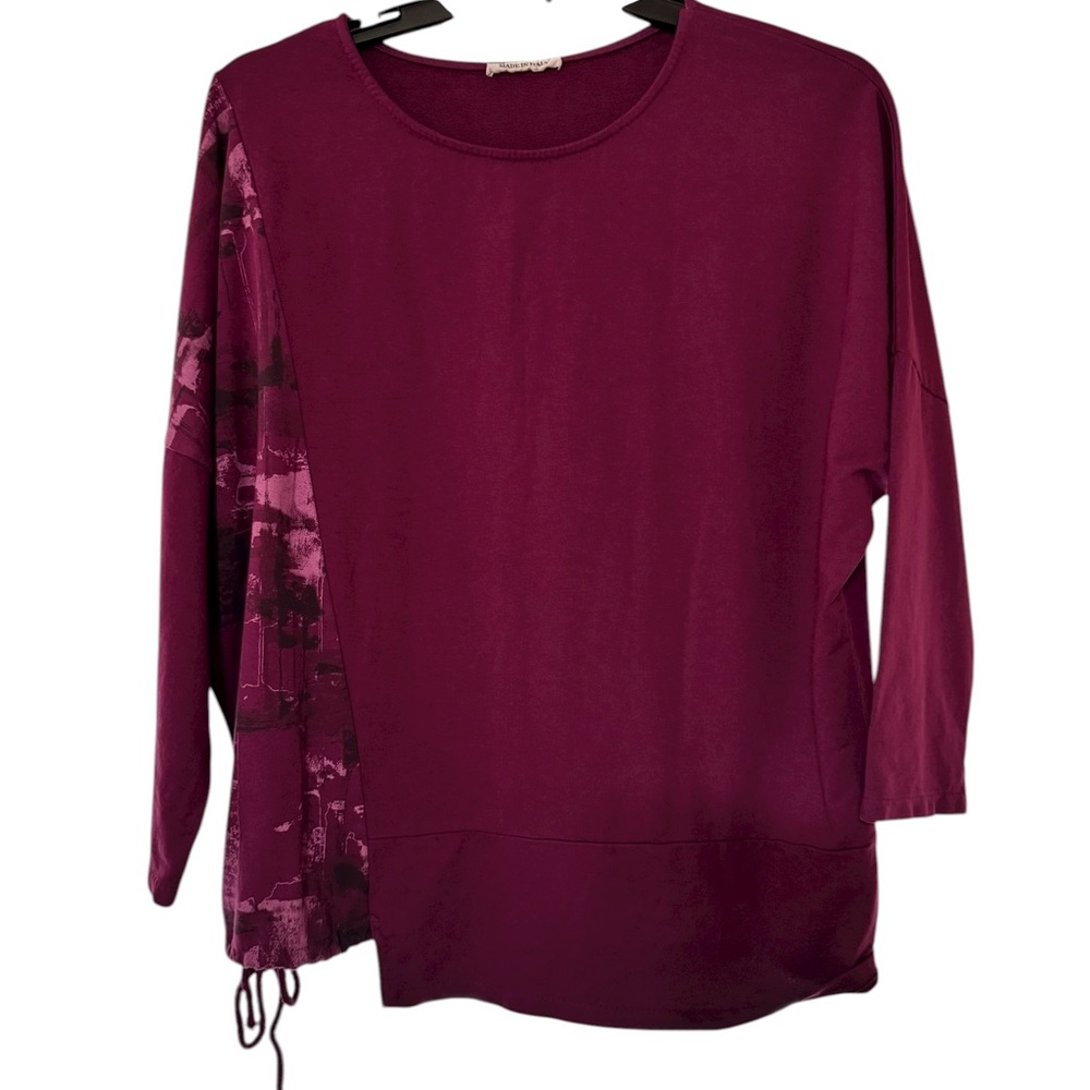 Made in Italy, plum abstract hem drawstring, cotton Long Sleeve Women's Top